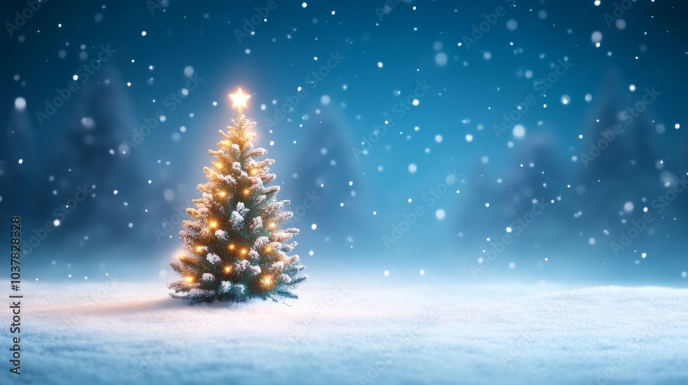 Snowy Christmas tree glowing in winter wonderland Snowy Christmas tree glowing in winter wonderland