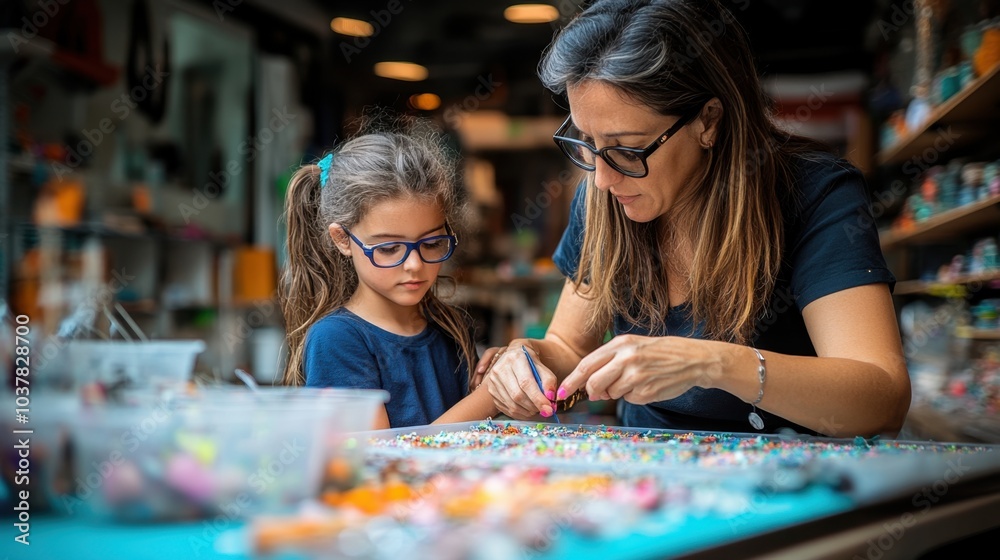 Mother and Daughter Crafting Together in a Colorful Workshop Mother and Daughter Crafting Together in a Colorful Workshop