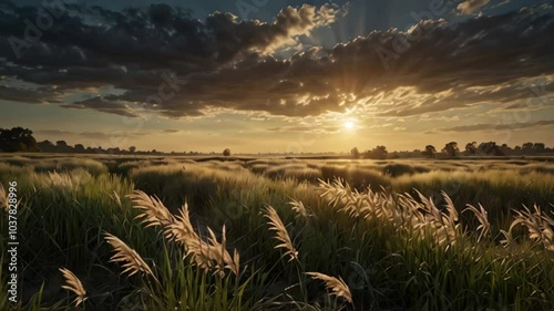 Animation of Whispering Winds Over Reed Grass Fields. Gentle movement of wind patterns through reed grass under soft light. Realistic motion. photo