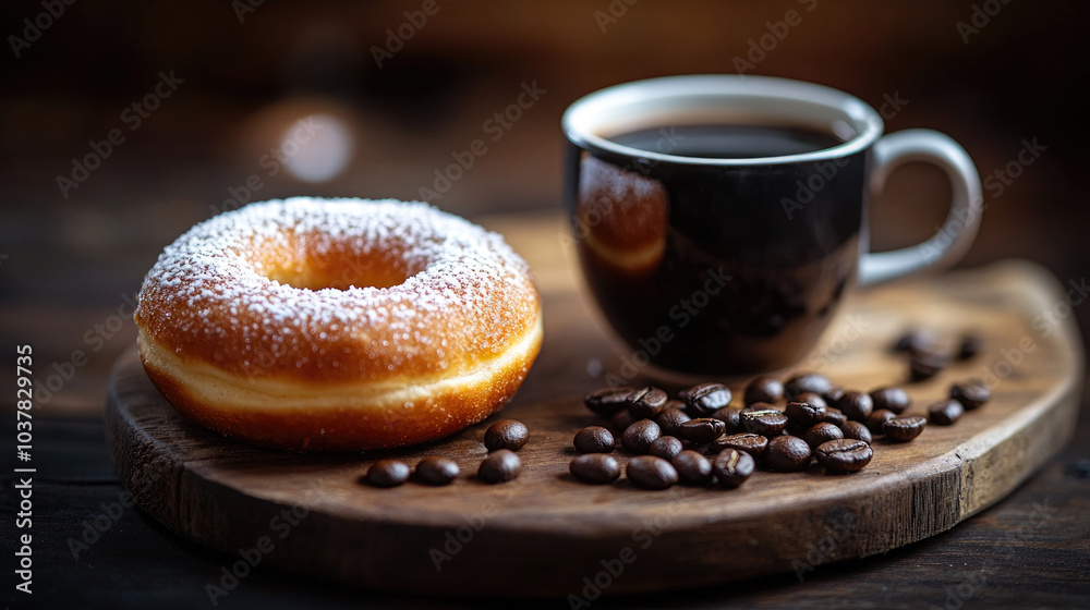 A cup of coffee and donuts on the table