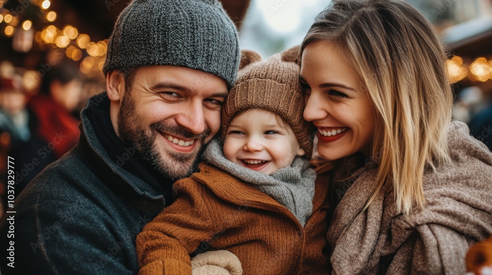 Happy Family Shopping For Winter Holidays At Festive Market Happy Family Shopping For Winter Holidays At Festive Market
