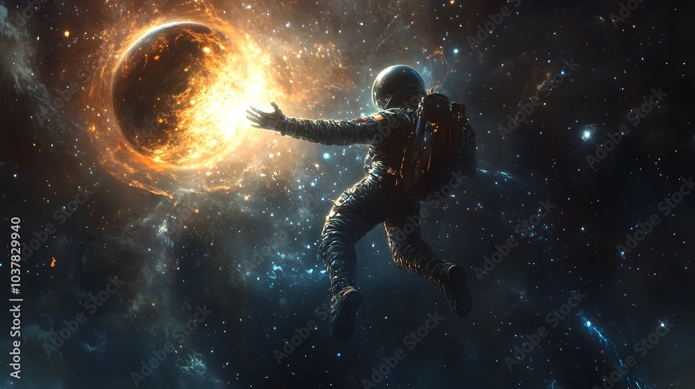 Naklejka premium Spaceman and planet, human in space concept. 