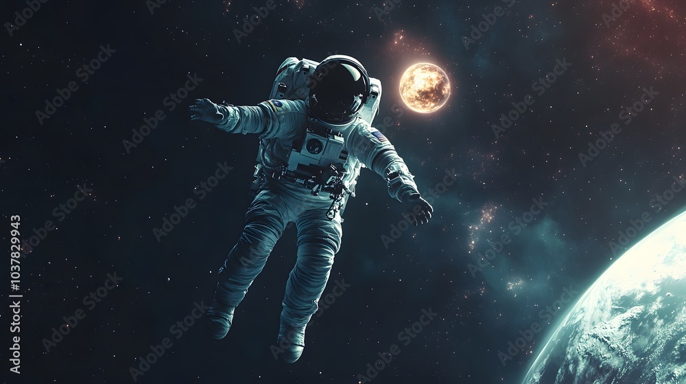 Fototapeta premium Spaceman and planet, human in space concept. 