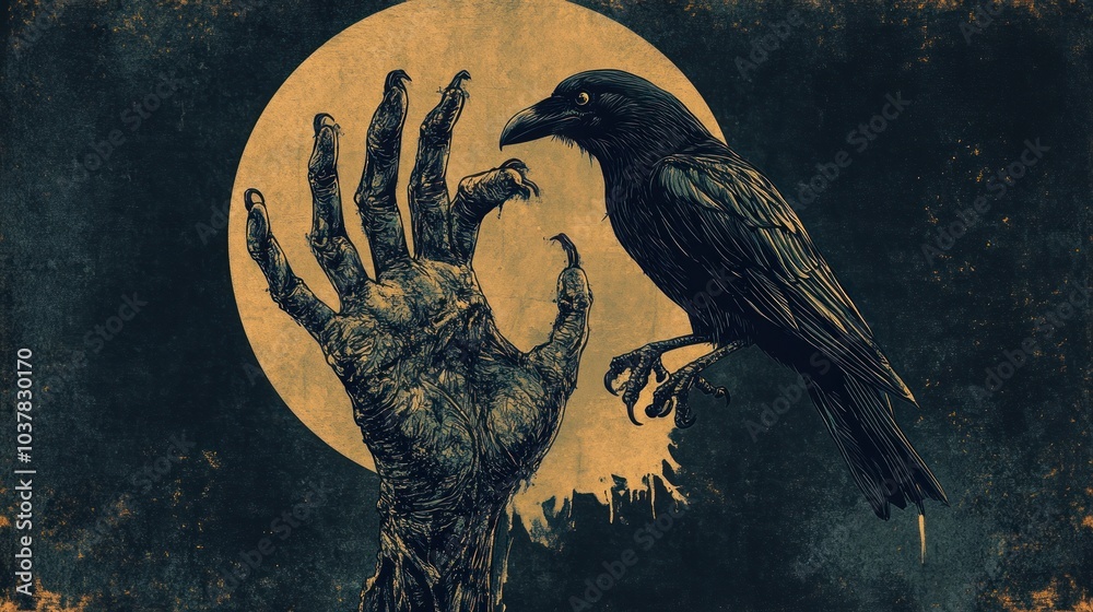 A skeletal hand reaches out toward a raven perched on a branch, with a full moon in the background. The scene evokes a sense of mystery and the unknown. A skeletal hand reaches out toward a raven perched on a branch, with a full moon in the background. The scene evokes a sense of mystery and the unknown.