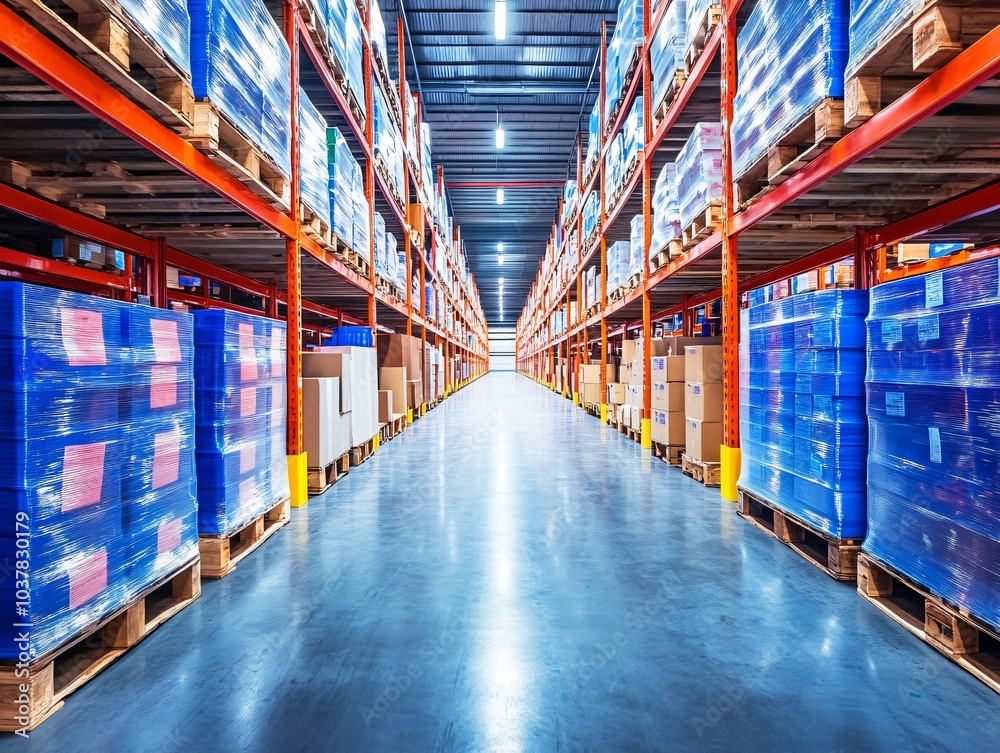 Warehouse Shelves with Palleted Goods and Bright Lighting Warehouse Shelves with Palleted Goods and Bright Lighting