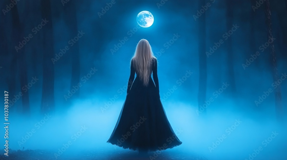 Mysterious figure in a moonlit foggy forest Mysterious figure in a moonlit foggy forest