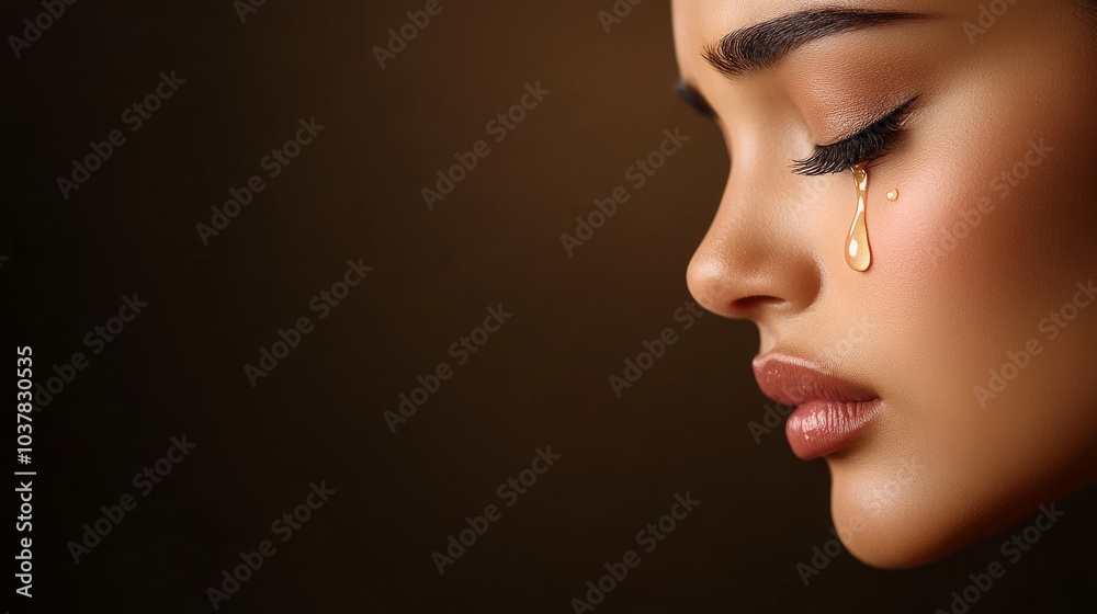 Fototapeta premium Emotional portrait of a woman with a tear of gold