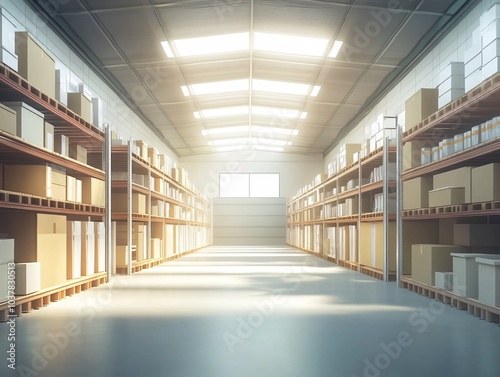 Bright and Spacious Warehouse Interior with Shelves