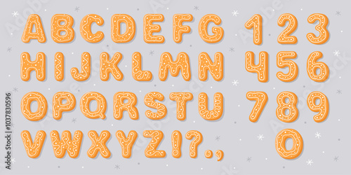 New Year's gingerbread cookies in the form of letters and numbers. English alphabet, bold funny font for Christmas card, banner, poster. Holiday gingerbread cookies with white sweet sugar glaze.