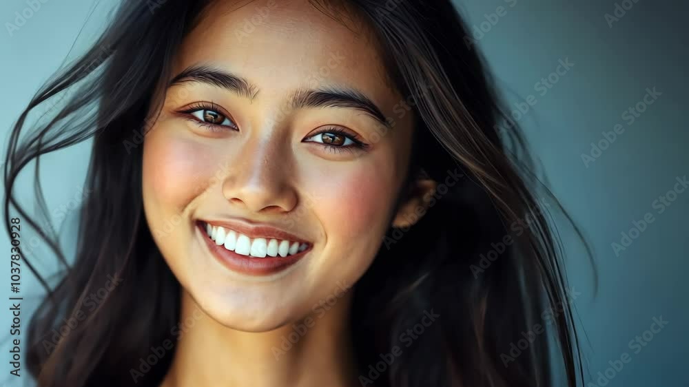A woman with long black hair smiles brightly at the camera A woman with long black hair smiles brightly at the camera