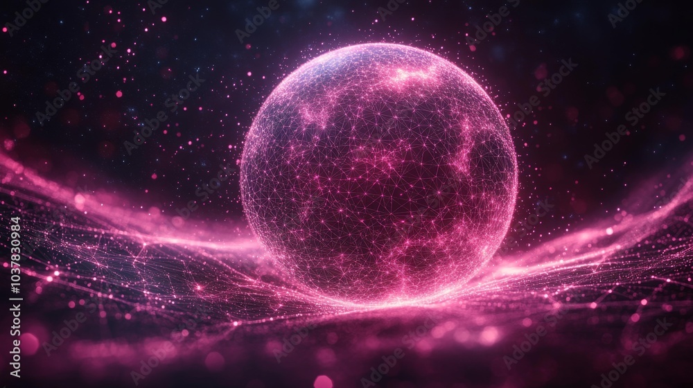 Obraz premium Abstract Digital Sphere with Neural Network on a Pink Glowing Background. Generative AI