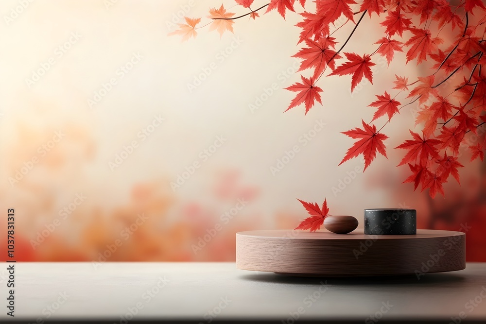 Cascading autumn maple leaves in vibrant reds and oranges framing a sleek round wooden pedestal on a tabletop Cascading autumn maple leaves in vibrant reds and oranges framing a sleek round wooden pedestal on a tabletop