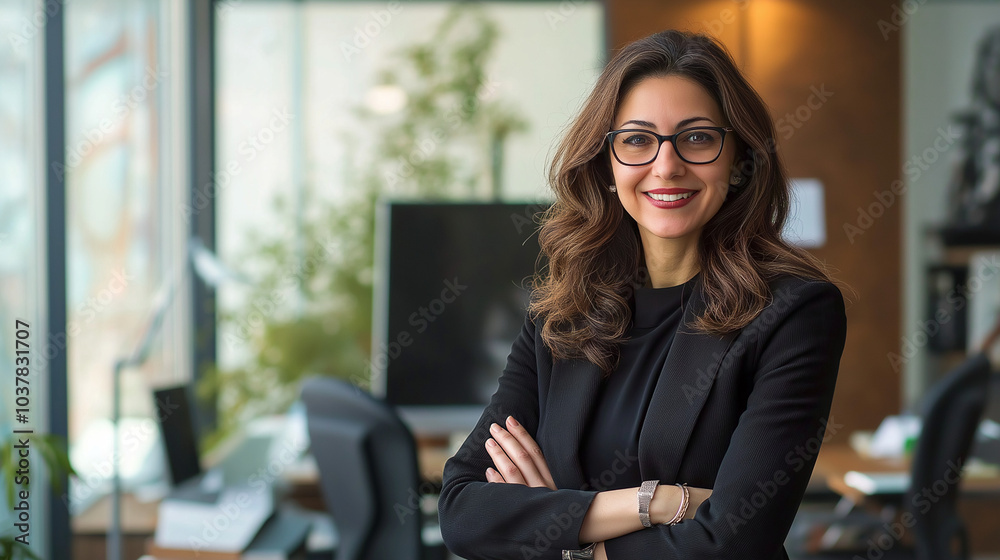 A smiling businesswoman stands in her corporate office with her arms crossed A smiling businesswoman stands in her corporate office with her arms crossed