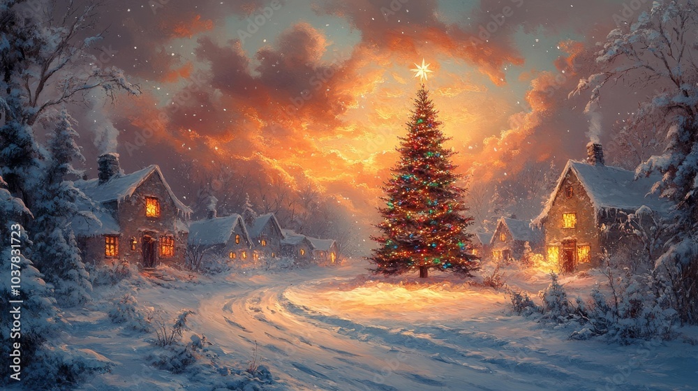 Festive snowy village with a Christmas tree glowing at sunset. Generative AI Festive snowy village with a Christmas tree glowing at sunset. Generative AI