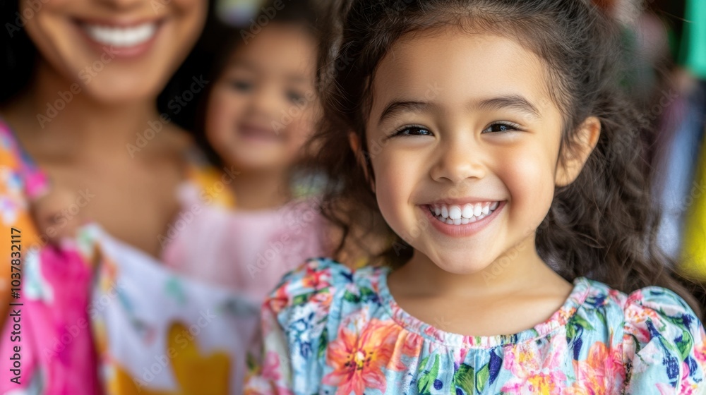 Happy Little Girl Smiling with Family in Clothing Store Happy Little Girl Smiling with Family in Clothing Store