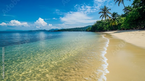 A calm tropical sea with a palm tree-lined beach and clear, shallow water lapping the shore