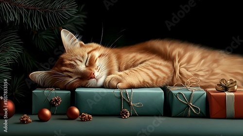 Peaceful Christmas morning with a cat napping by the tree surrounded by opened gifts warm soft lighting cozy living room and a vintage analog against an oil painting from the mid 19th century photo