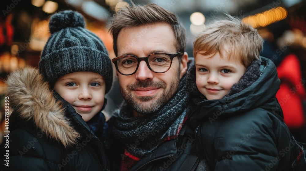 Happy Family Portrait Dad and Sons Smiling Together in Winter