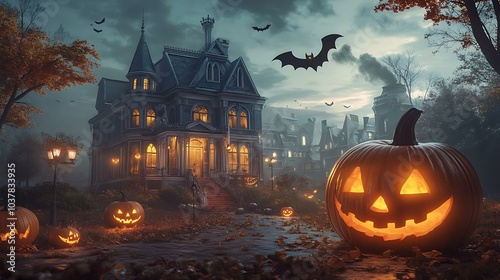 A Halloween night scene with vintage-inspired art, glowing pumpkins, and bats flying around a spooky old house photo