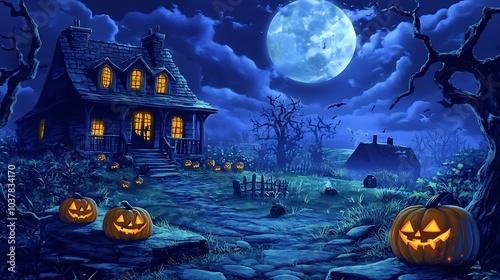 A folk art Halloween night scene with glowing jack-o'-lanterns, a haunted house, and a full moon illuminating the eerie landscape photo