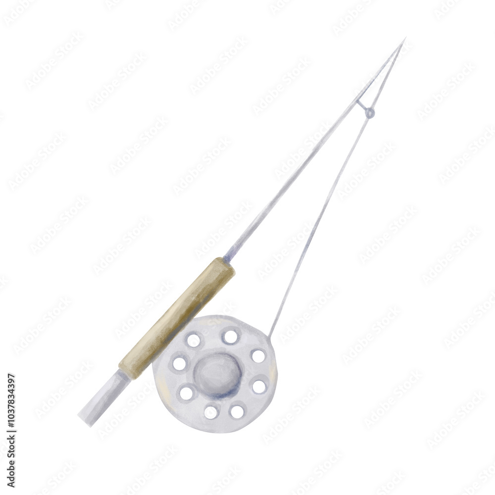 Fototapeta premium Fishing rod made of wood and metal gray and brown in watercolor style, digital illustration clip art with texture for printing and web use
