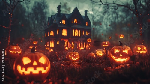 A spooky Halloween night in vintage folk style, featuring glowing jack-o'-lanterns and a haunted house surrounded by barren trees