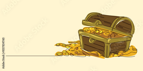 Continuous one line drawing of treasure chest. Opened treasure chest contains many gold coins. Editable line and colored vector illustration.