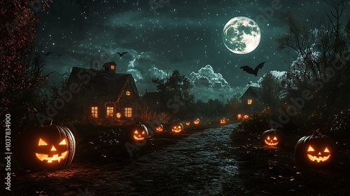 A vintage Halloween night scene with a full moon, haunted houses, and glowing jack-o'-lanterns lining the path