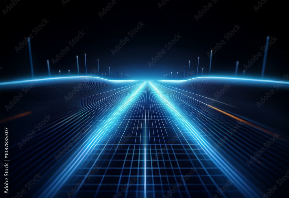 A glowing blue digital grid road leads into the dark horizon with lines of light at the vanishing point. A glowing blue digital grid road leads into the dark horizon with lines of light at the vanishing point.