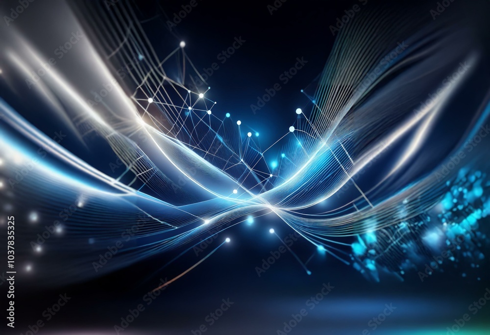 Fototapeta premium Flowing blue lines and geometric shapes create a sense of movement and connection on a dark background.