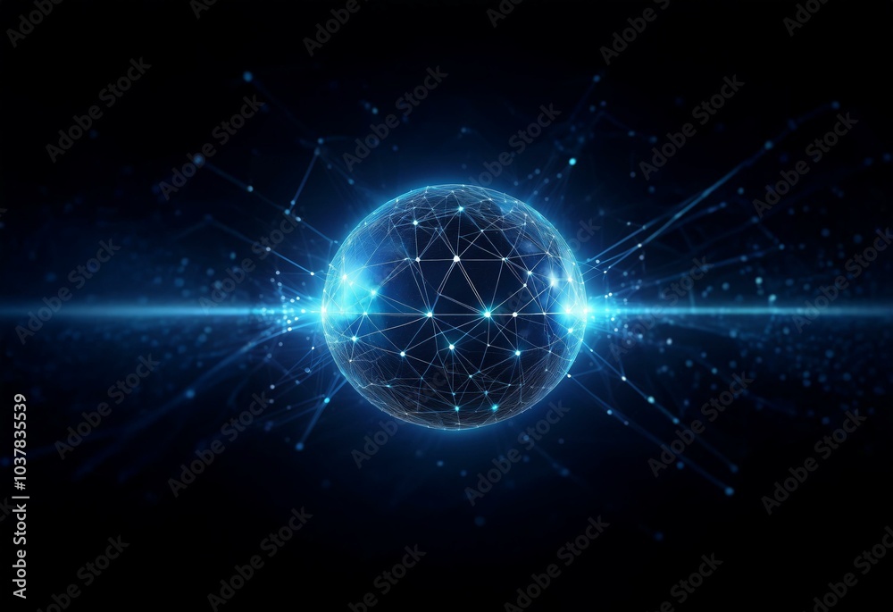 Glowing sphere with a network of lines and nodes on a dark blue background. Glowing sphere with a network of lines and nodes on a dark blue background.