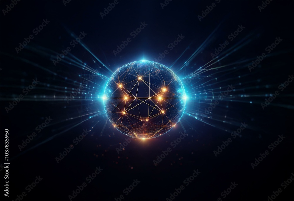 Obraz premium A glowing orb with a web of lines radiating outwards, representing global connectivity and digital networks.