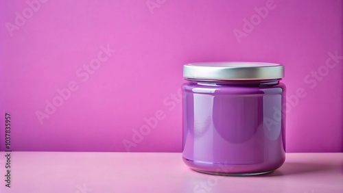 Close-up of a purple jar with lid on purple background, accompanied by white lid and pink background photo