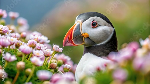 Close-up of a puffin peeking behind sea campion flowers. photo