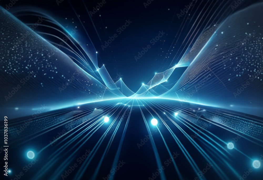Abstract digital art featuring glowing lines and a blue, starry background.