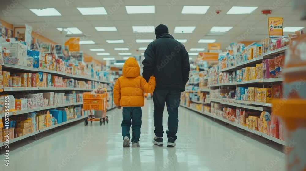 Father and Son Shopping in Supermarket Aisle with Shelves Full of Products Father and Son Shopping in Supermarket Aisle with Shelves Full of Products