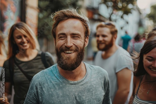 Portrait of a smiling bearded man with friends in the background.