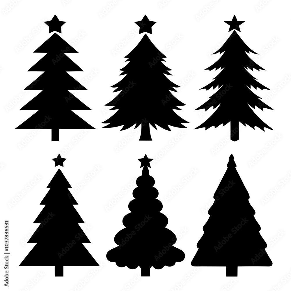 Obraz premium Deferent Christmas trees icon set black silhouettes vector illustration