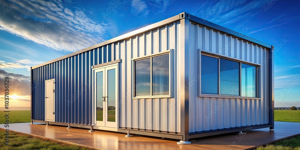 Closeup of a stylish container house with blue sky background Closeup of a stylish container house with blue sky background