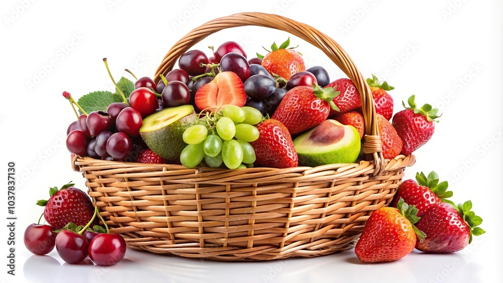 Close-up of a wicker basket filled with assorted fruits on a white background Close-up of a wicker basket filled with assorted fruits on a white background