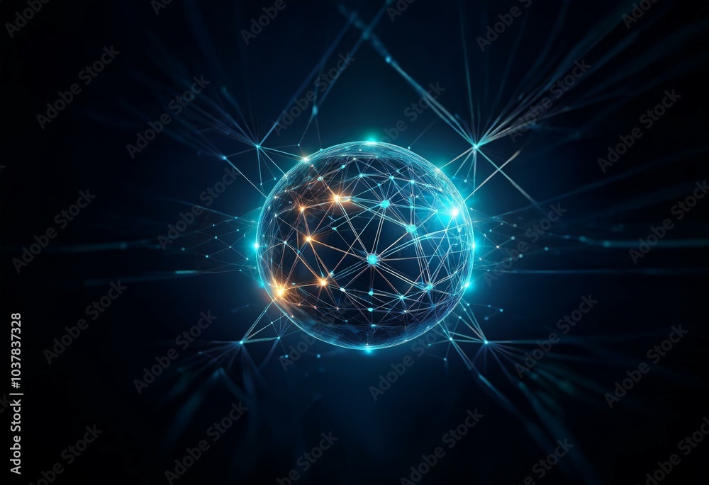 Obraz premium A glowing sphere made of interconnected lines and points against a dark blue background.