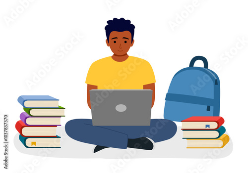Black student with computer studying and stack of books in flat design on white background.