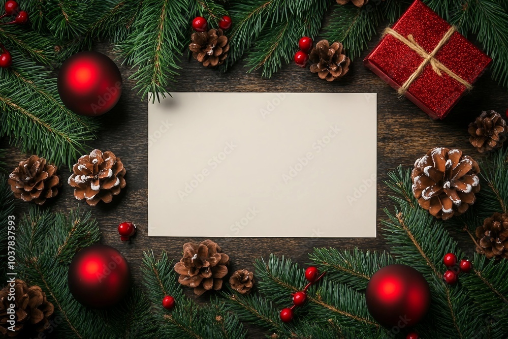 Christmas flat lay background with fir tree branch, present box and red decorations. Free space for design. Christmas flat lay background with fir tree branch, present box and red decorations. Free space for design.