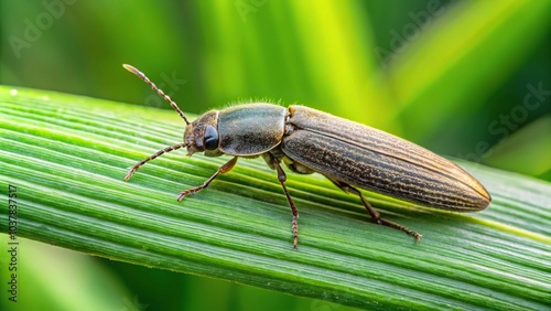 Close-up of Aerial Click beetle perched on grass blade photo