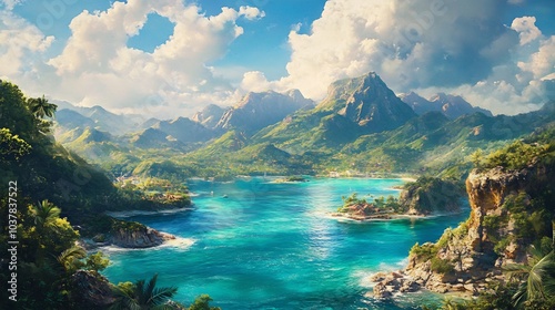 Tropical Paradise: Lush Green Mountains and Azure Waters