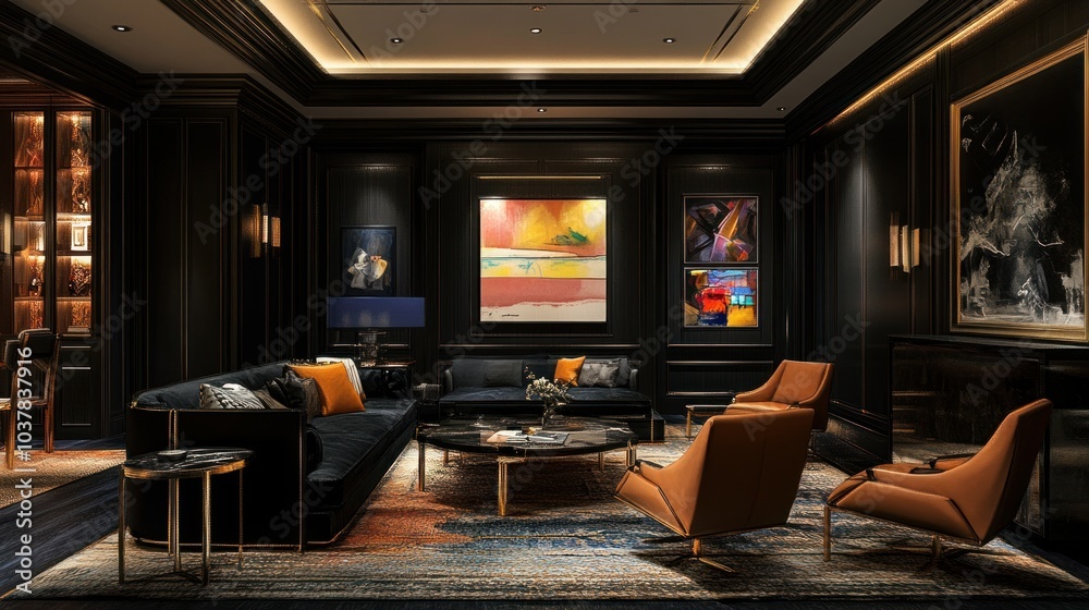 A luxurious living room with dark wood paneling, a plush couch, and a coffee table in the center. The room has a fireplace and a few pieces of artwork on the walls. A luxurious living room with dark wood paneling, a plush couch, and a coffee table in the center. The room has a fireplace and a few pieces of artwork on the walls.