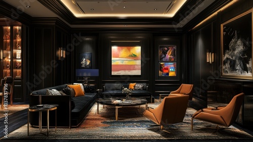 A luxurious living room with dark wood paneling, a plush couch, and a coffee table in the center. The room has a fireplace and a few pieces of artwork on the walls.