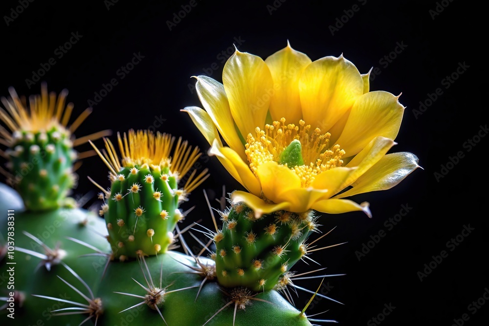 Close-up of Barbary fig's sharp spines and yellow flower isolated against black background Close-up of Barbary fig's sharp spines and yellow flower isolated against black background