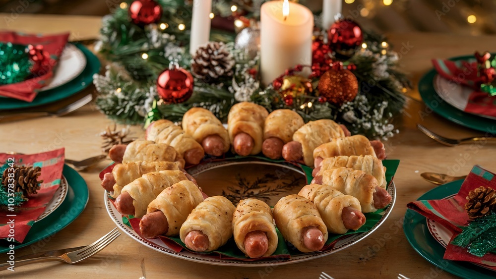 Pigs in a blanket, christmas dinner, festive decorations, holiday feast, homemade meal, new year celebration, heartwarming dish Pigs in a blanket, christmas dinner, festive decorations, holiday feast, homemade meal, new year celebration, heartwarming dish