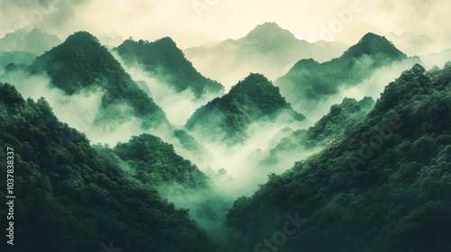 A misty mountain range with rolling hills and lush greenery, creating a serene and tranquil atmosphere.